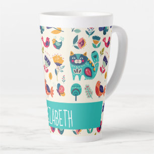 Budget Pretty Girly Cats Folk Art Style ADD NAME Latte Mug