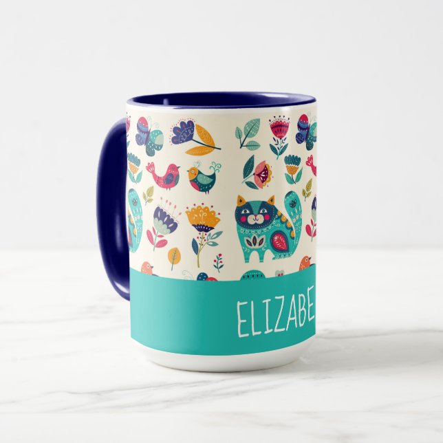 Budget Pretty Girly Cats Folk Art Style ADD NAME Mug (Front Left)