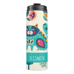 Budget Pretty Girly Cats Folk Art Style ADD NAME Thermal Tumbler