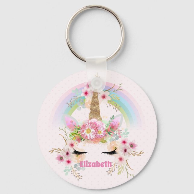 Budget Pretty Girly Pink Unicorn Floral Named Gift Key Ring (Front)