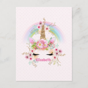 Budget Pretty Girly Pink Unicorn Floral Named Gift Postcard