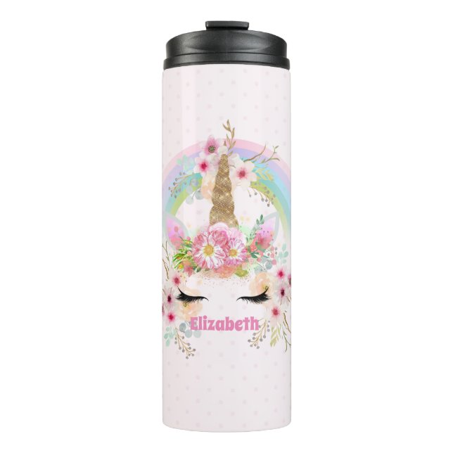 Budget Pretty Girly Pink Unicorn Floral Named Gift Thermal Tumbler (Front)