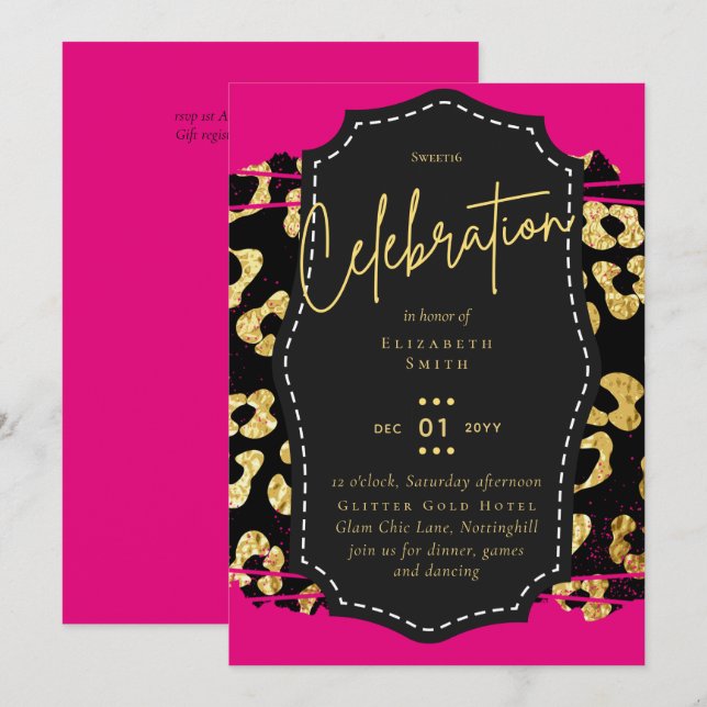 Budget Pretty Girly Sweet16 Gold Animal Print Inv Invitation (Front/Back)