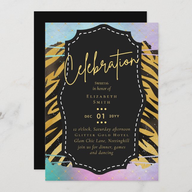 Budget Pretty Girly Sweet16 Gold Animal Print Inv Invitation (Front/Back)
