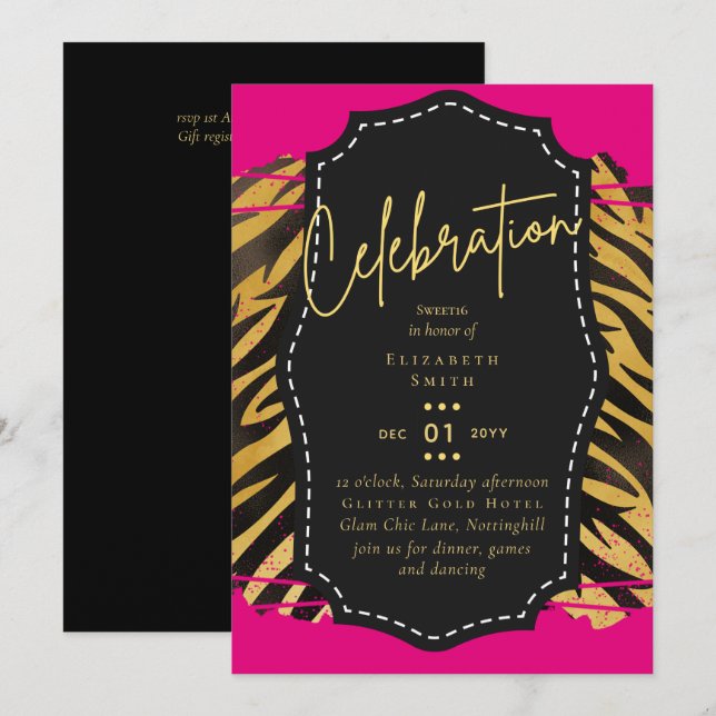 Budget Pretty Girly Sweet16 Gold Animal Print Inv Invitation (Front/Back)