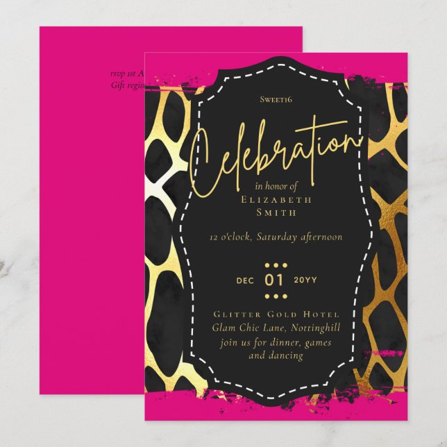 Budget Pretty Girly Sweet16 Gold Animal Print Inv Invitation (Front/Back)