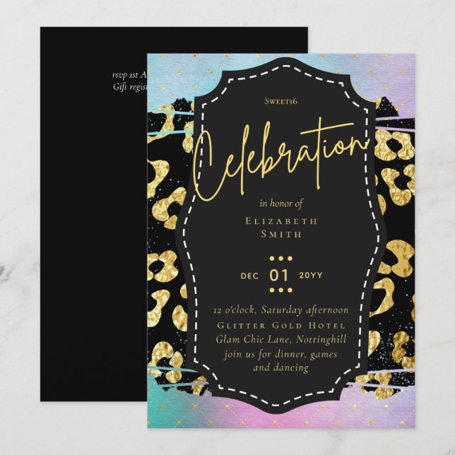 Budget Pretty Girly Sweet16 Gold Animal Print Inv Invitation (Front/Back)