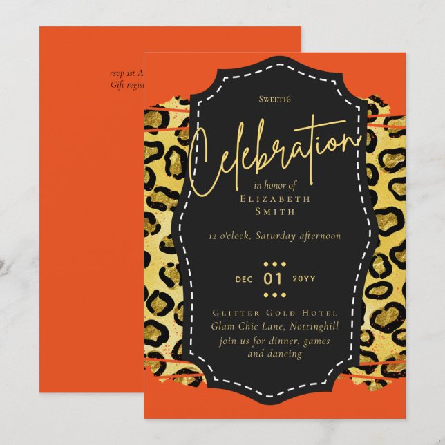 Budget Pretty Girly Sweet16 Gold Animal Print Inv Invitation (Front/Back)