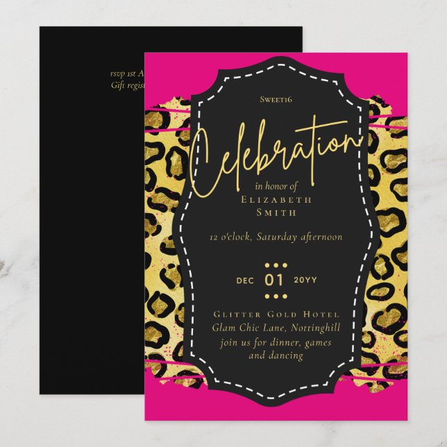 Budget Pretty Girly Sweet16 Gold Animal Print Inv Invitation (Front/Back)