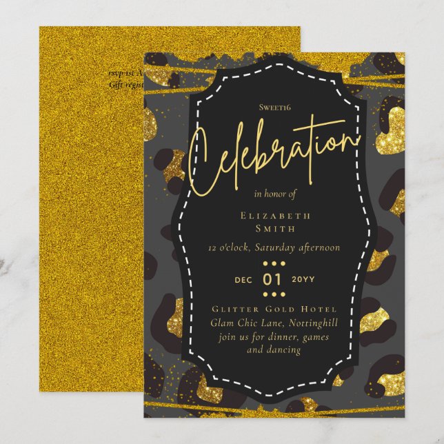 Budget Pretty Girly Sweet16 Gold Animal Print Inv Invitation (Front/Back)