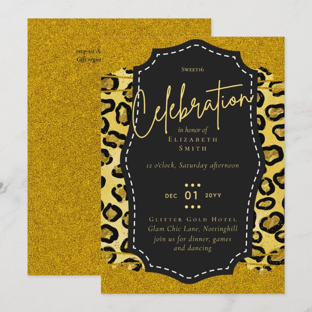 Budget Pretty Girly Sweet16 Gold Animal Print Inv Invitation (Front/Back)