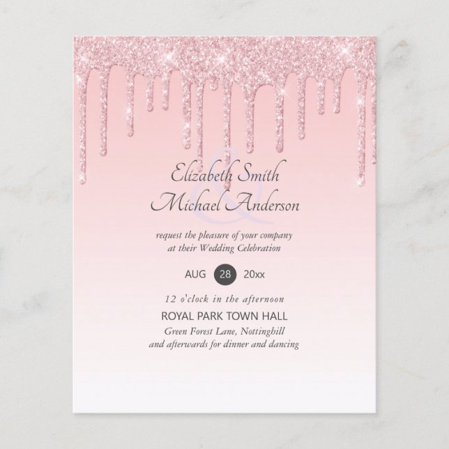Budget Pretty Girly Wedding Glitter Pink Invite (Front)