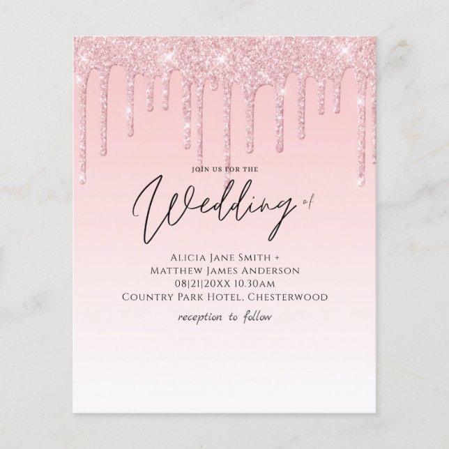 Budget Pretty Girly Wedding Glitter Pink Invite (Front)
