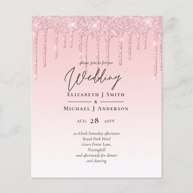 Budget Pretty Girly Wedding Glitter Pink Invite (Front)