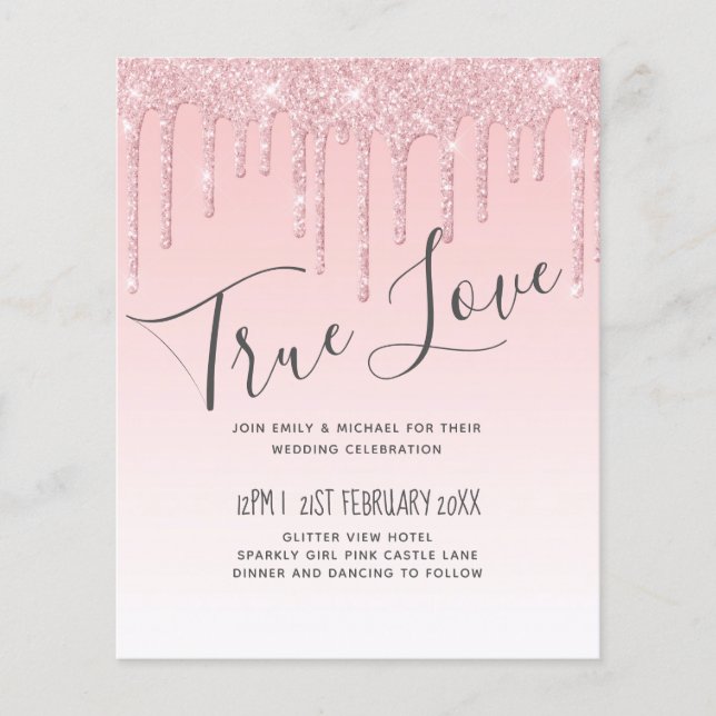 Budget Pretty Girly Wedding Glitter Pink Invite (Front)