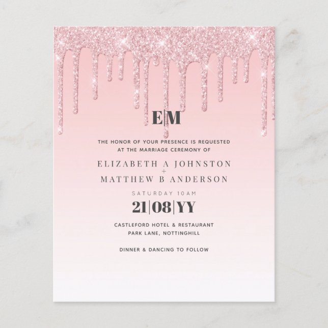 Budget Pretty Girly Wedding Glitter Pink Invite (Front)