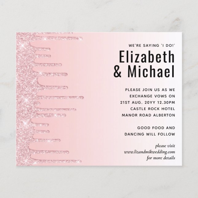 Budget Pretty Girly Wedding Glitter Pink Invite (Front)