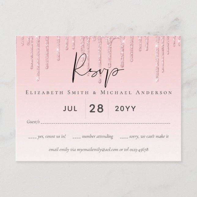 Budget Pretty Girly Wedding RSVP Glitter Pink Postcard (Front)