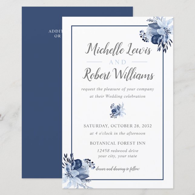 BUDGET Pretty Grey Navy  Floral 5,5x8,5 wedding  (Front/Back)