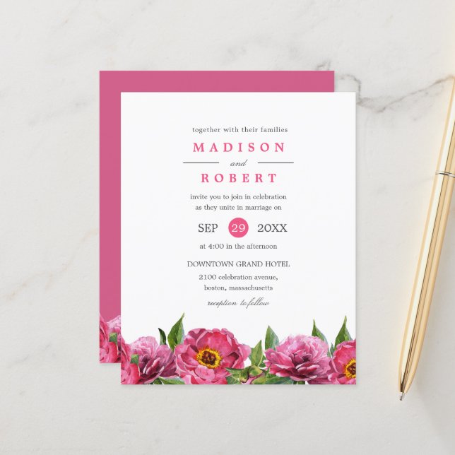 BUDGET Pretty Pink Magenta Peonies Floral Wedding (Front/Back In Situ)