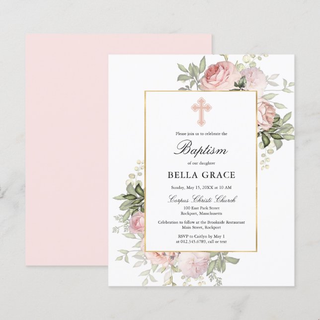 Budget Pretty Pink Rose Floral Baptism Invitation (Front/Back)