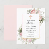 Budget Pretty Pink Rose Floral Baptism Invitation
