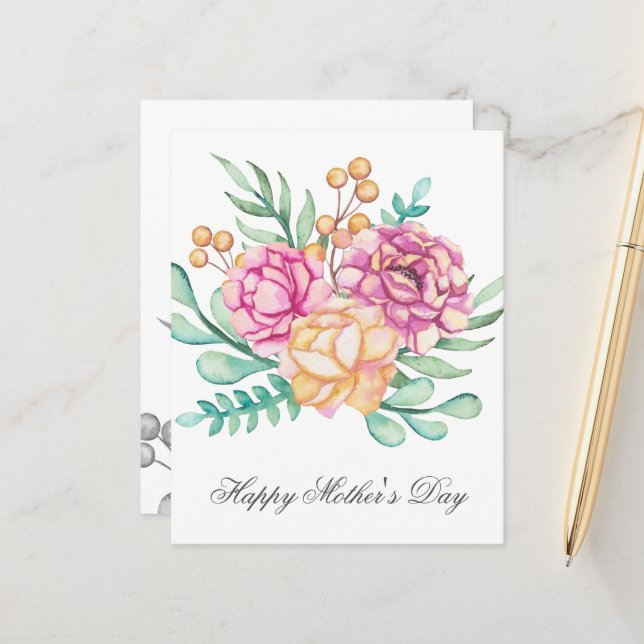 Budget Pretty Watercolor Florals Mothers Day Card (Front/Back In Situ)