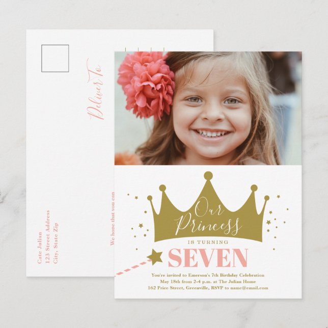 Budget Princess Pink Modern Birthday Invitation  Postcard (Front/Back)