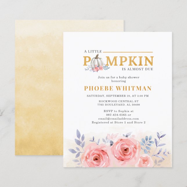 Budget Pumpkin Baby Shower Watercolor Pink Roses (Front/Back)