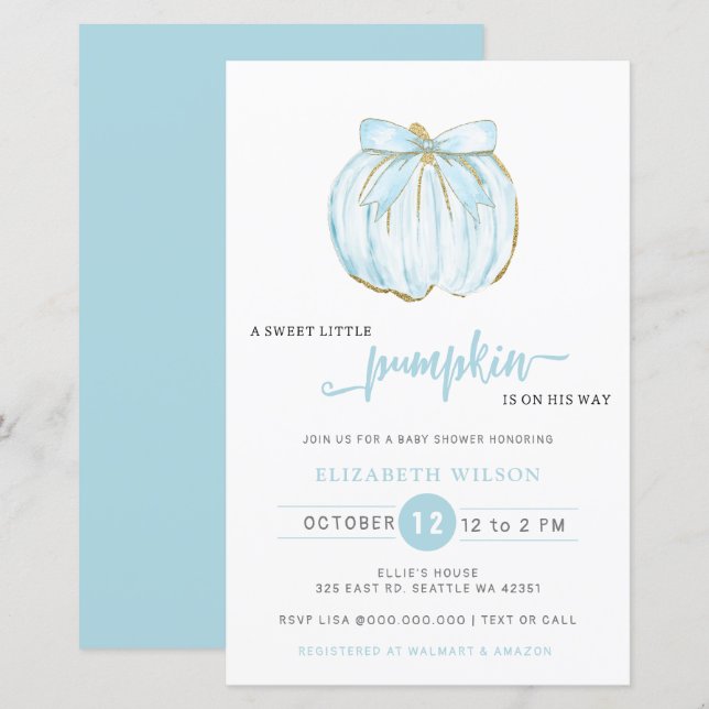 Budget Pumpkin Blue Bow Boy Baby Shower Invite (Front/Back)