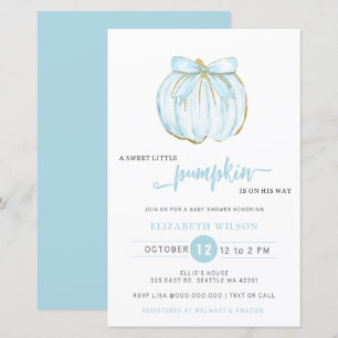 Budget Pumpkin Blue Bow Boy Baby Shower Invite