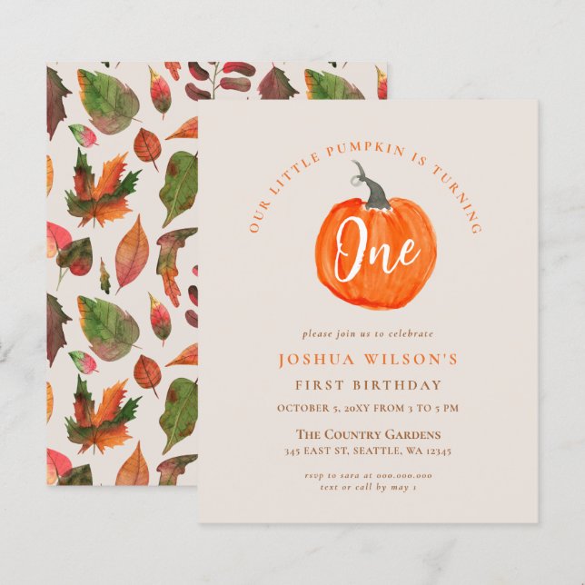 Budget pumpkin first birthday party invitation (Front/Back)