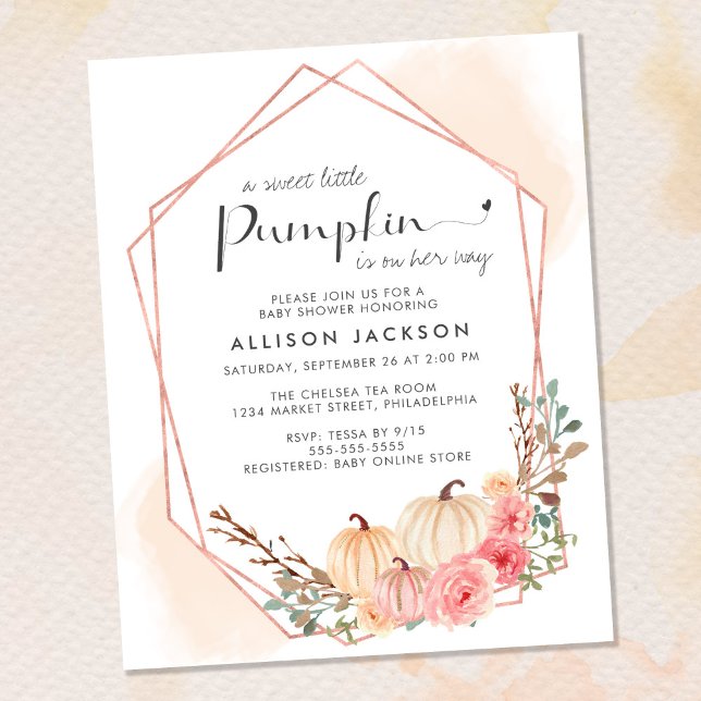 Budget Pumpkin Floral Baby Girl Shower Invitation (Celebrate the upcoming arrival of your sweet little autumn baby with a pumpkin-themed baby shower)