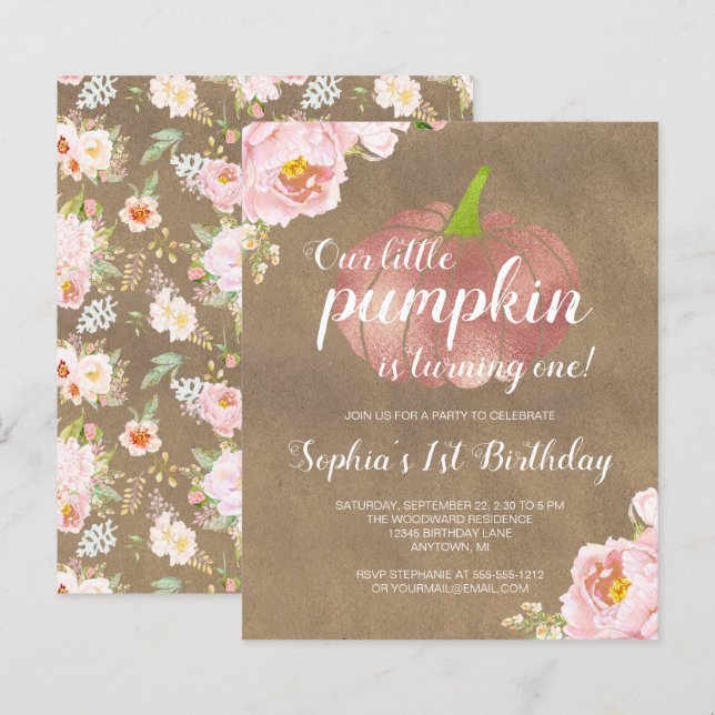 Budget Pumpkin Floral Girl 1st Birthday Invitation (Front/Back)