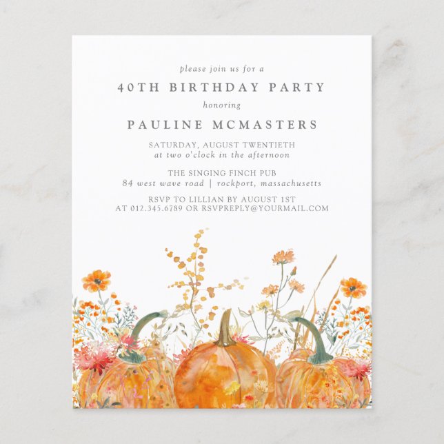 Budget Pumpkin Wildflower 40th Birthday Invitation (Front)