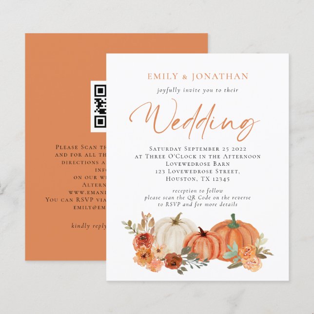 Budget Pumpkins Fall Florals QR Wedding Invite (Front/Back)