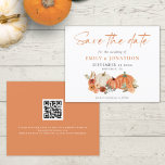 Budget Pumpkins Florals QR Fall Wedding Save Date<br><div class="desc">A value for money BUDGET alternative on a smaller size 4.5 x 5.6” semi-gloss 110lbs weight, which is of similar thickness to a postcard (however is not suitable to use as a postcard.). PLEASE NOTE there is ONE per sheet. Budget Pumpkins Florals QR Code Fall Wedding Save The Date. Florals...</div>