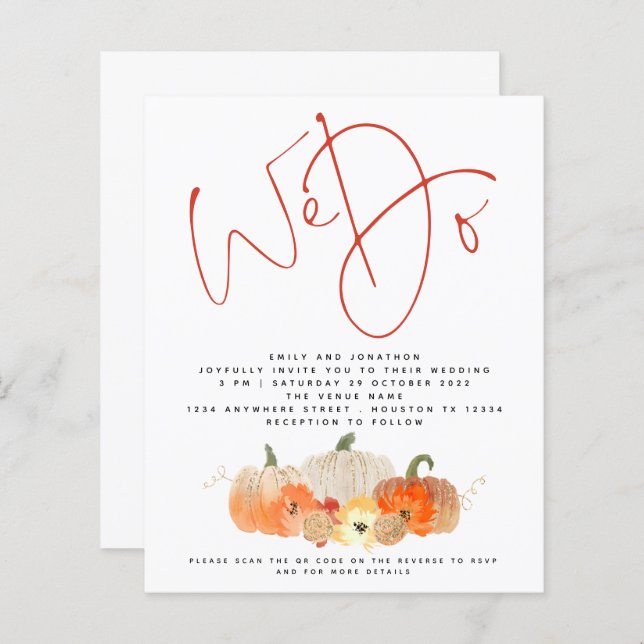 Budget Pumpkins Glitter We Do QR Wedding Invite (Front/Back)