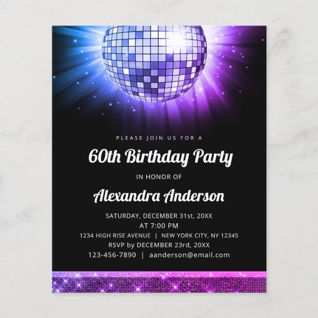 Budget Purple 60th Birthday Party 70's Disco Ball Flyer (Front)
