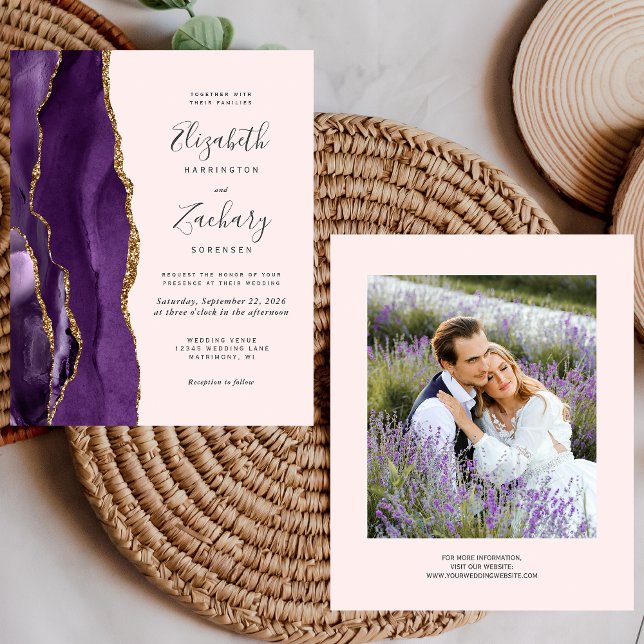 Budget Purple Agate Blush Photo Wedding Invitation (Creator Uploaded)