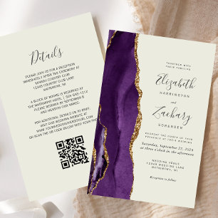 Budget Purple Agate Ivory QR Code Wedding Invite