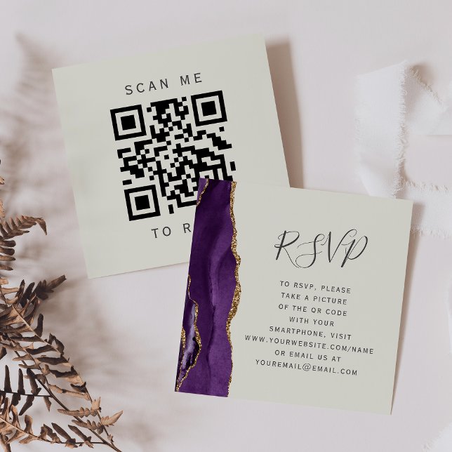 Budget Purple Agate Ivory Wedding QR Code RSVP Enclosure Card (Creator Uploaded)