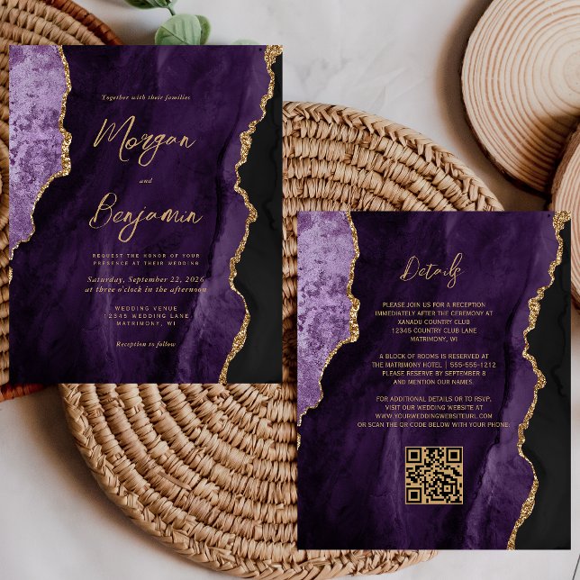 Budget Purple Agate Script QR Code Wedding Invite (Creator Uploaded)