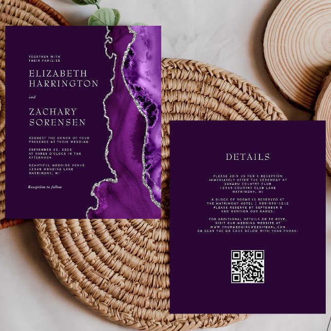 Budget Purple Agate Silver QR Code Wedding Invite (Creator Uploaded)