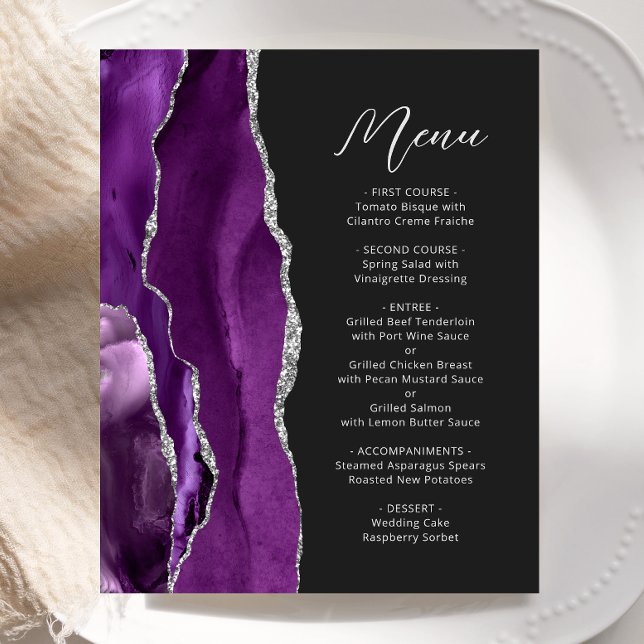Budget Purple Agate Silver Script Wedding Menu (Creator Uploaded)