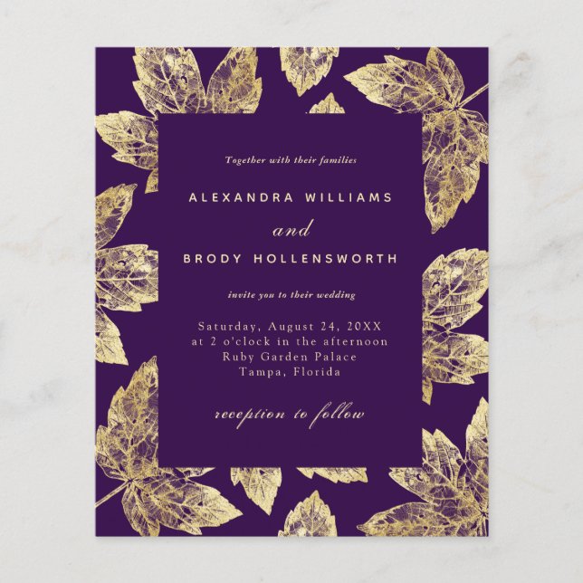 Budget Purple and Gold Fall Leaves Wedding Invite (Front)