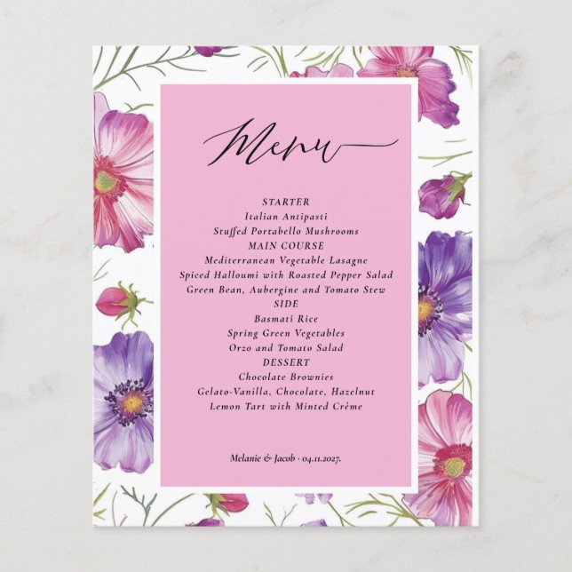 Budget Purple and Pink Floral Wedding Menu Card (Front)