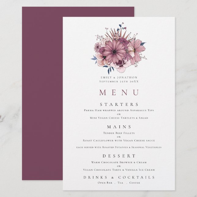 Budget Purple Berry Pink Florals Wedding Menu (Front/Back)