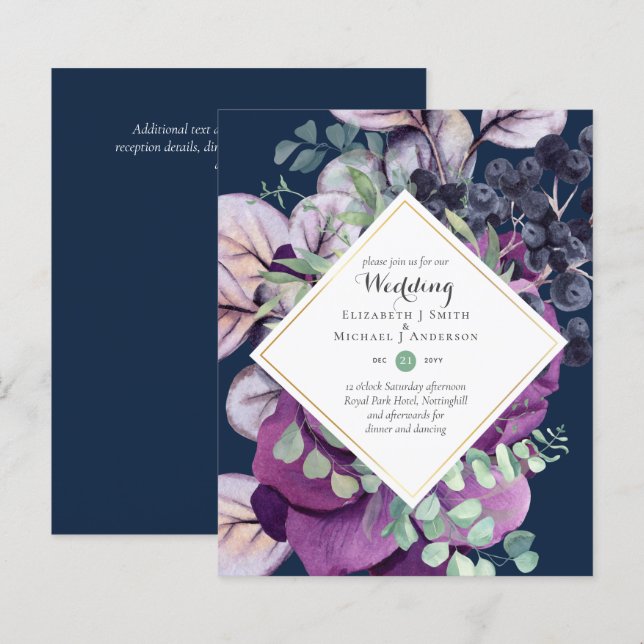 BUDGET Purple Blue Floral Wedding Invitations (Front/Back)