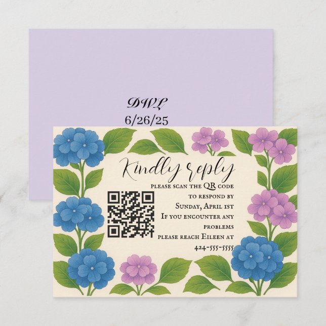 Budget Purple/Blue Hydrangea QR Code RSVP Card (Front/Back)